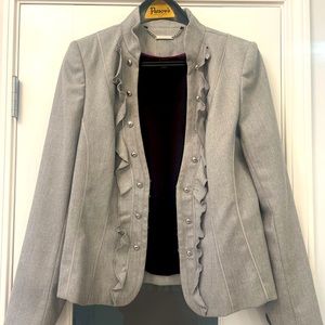 White House Black Market | WHBM Full Sleeve Ruffle Grey Blazer, Size 12